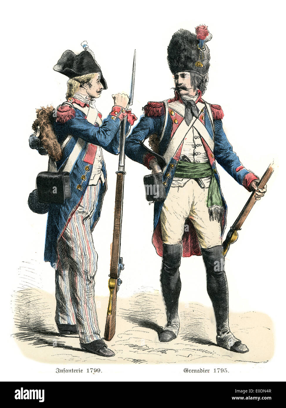Traditional costumes of France. Infantry and Grenadier of the late 18th Century Stock Photo