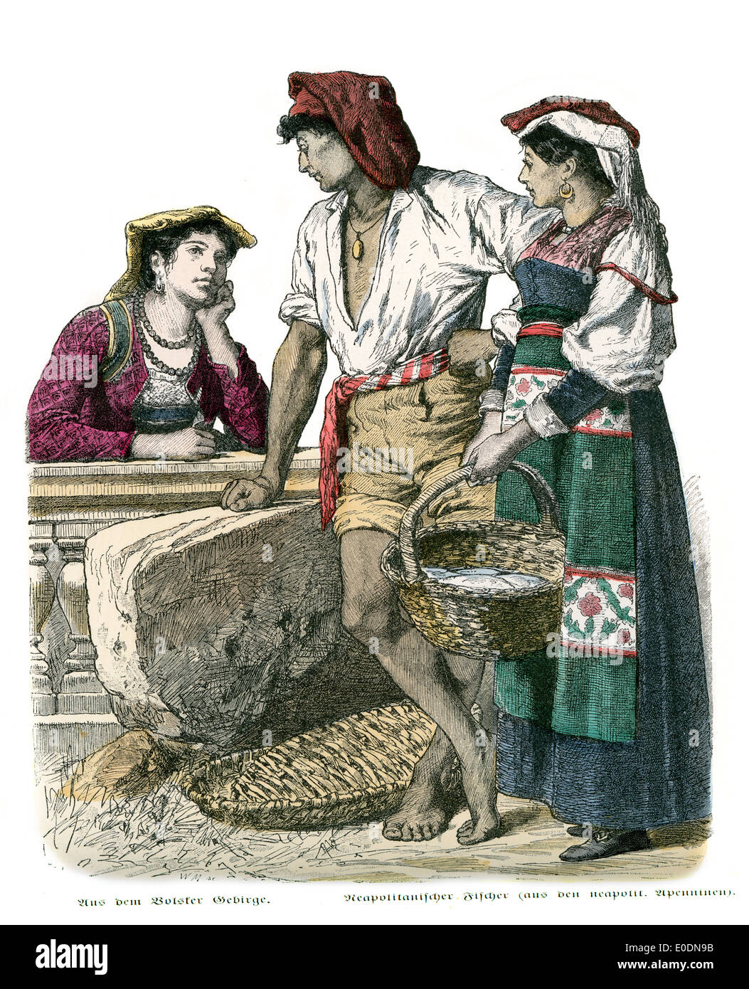Traditional costumes of Italy, 19th Century. Volsker Mountains and Naples Stock Photo