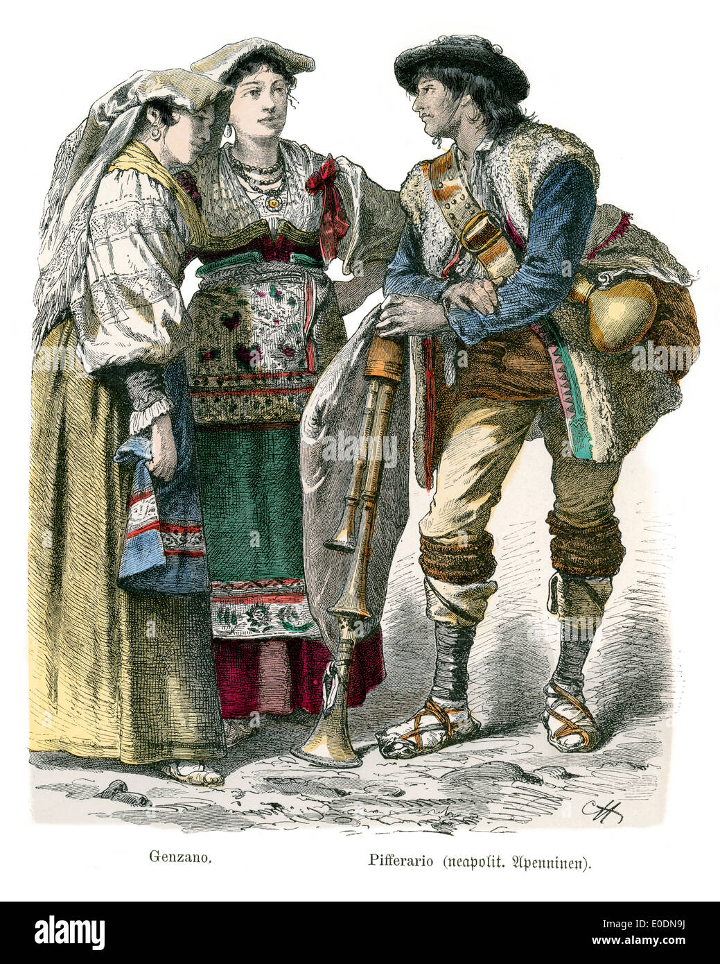 Traditional costumes of Italy, 19th Century. Genzano and Pifferario (Neapolitan Apennines) Stock Photo