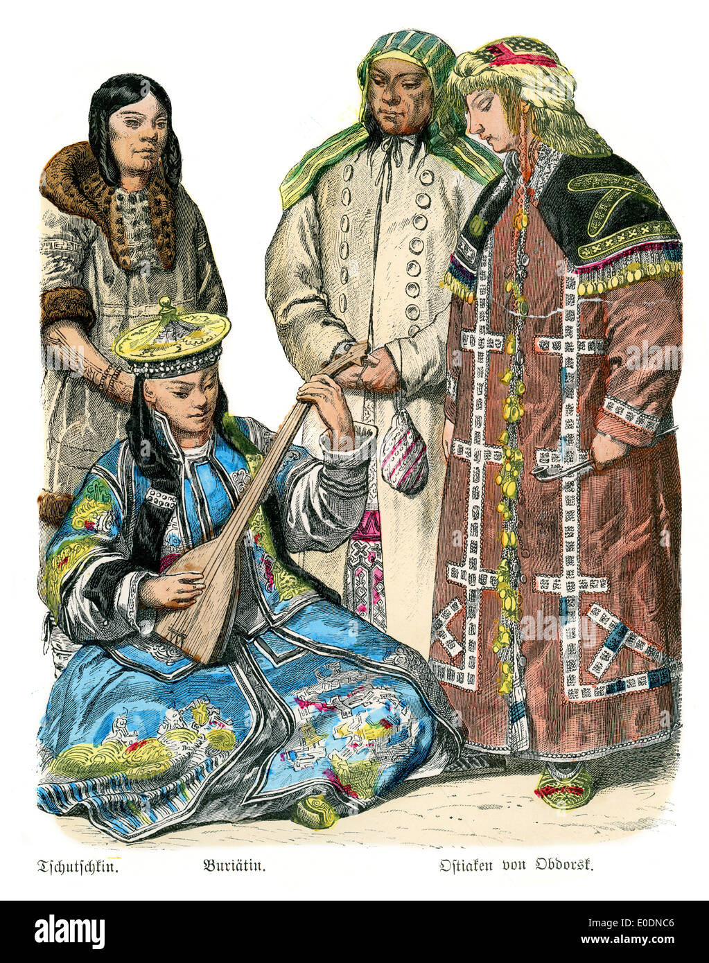 Traditional costumes of Asia, 19th Century. Tschutkin, Buriatin and Obdorsk Stock Photo