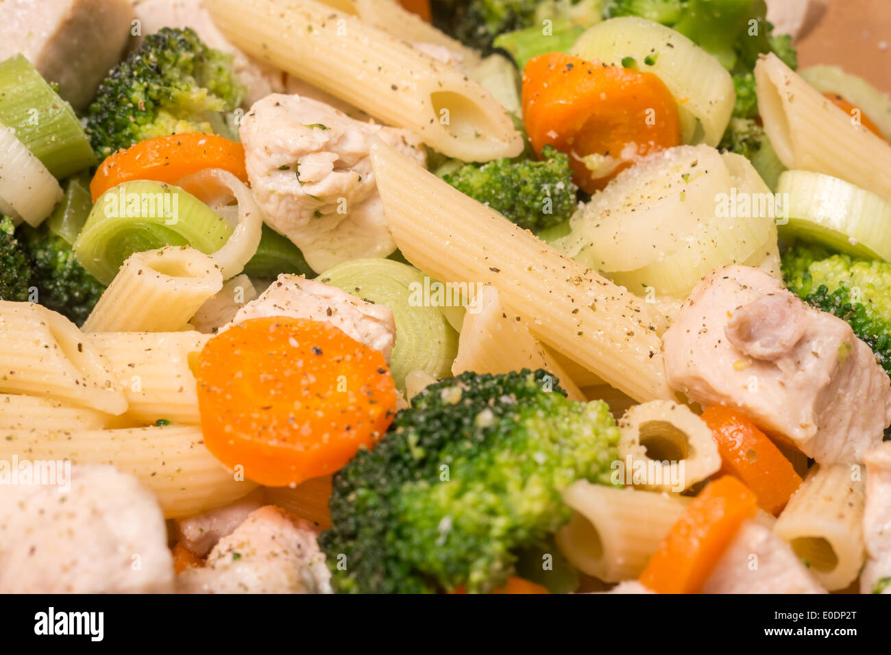 Italian Pasta With Broccoli, Carrots And Chicken Meat Stock Photo Alamy
