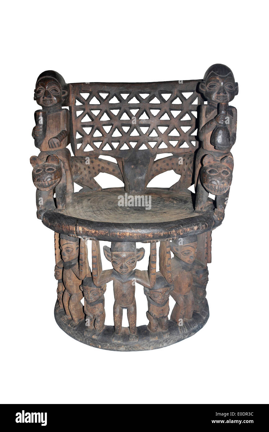 Royal Stool, Bali Kingdom, Grassfields, Cameroon Decorated With Carved Leopards And Human Figures Stock Photo