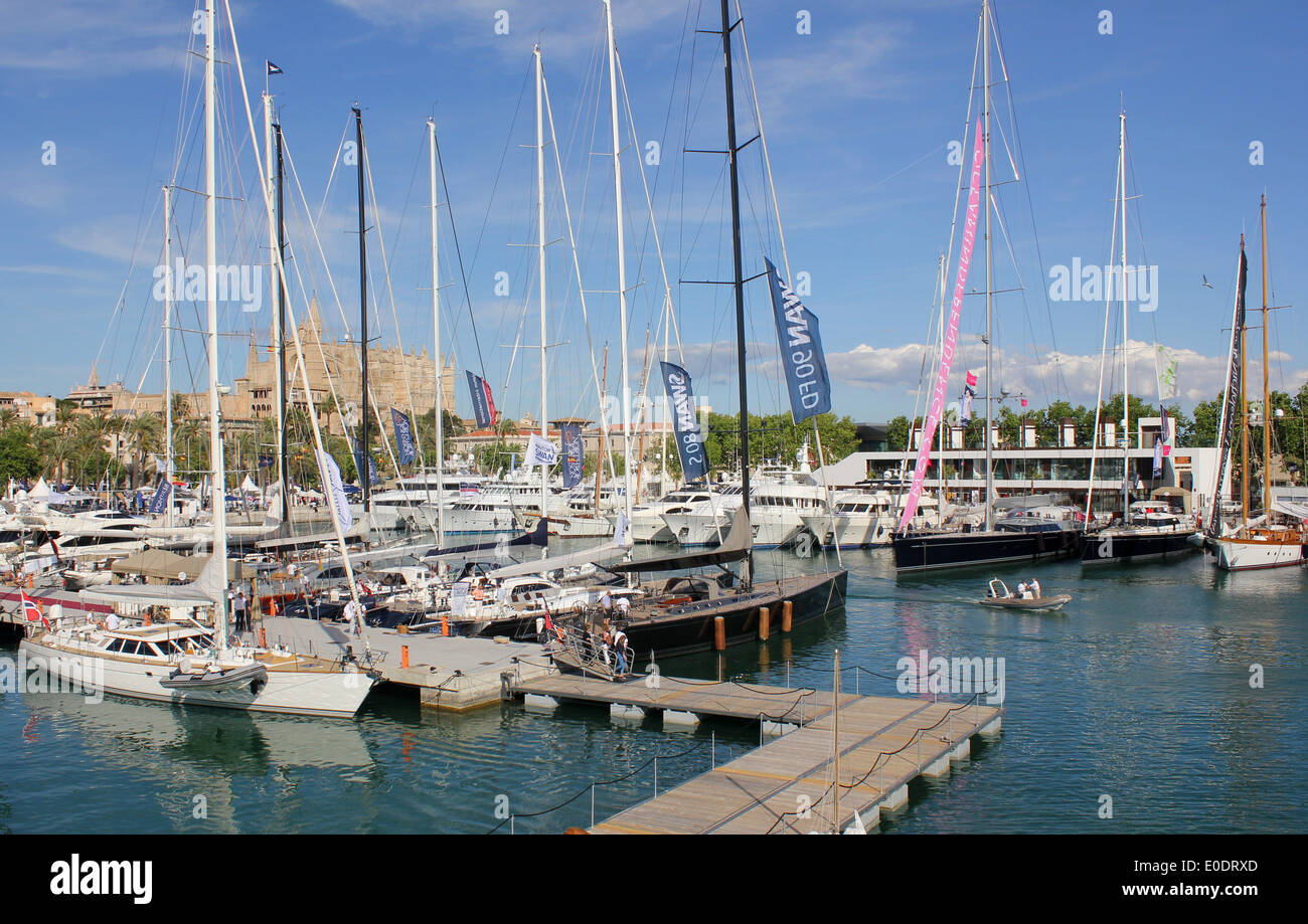 Combined - Palma Boat Show 2014 / Palma Superyacht Show 2014 - yachts + Palma historic Gothic Cathedral - Palma de Mallorca Stock Photo