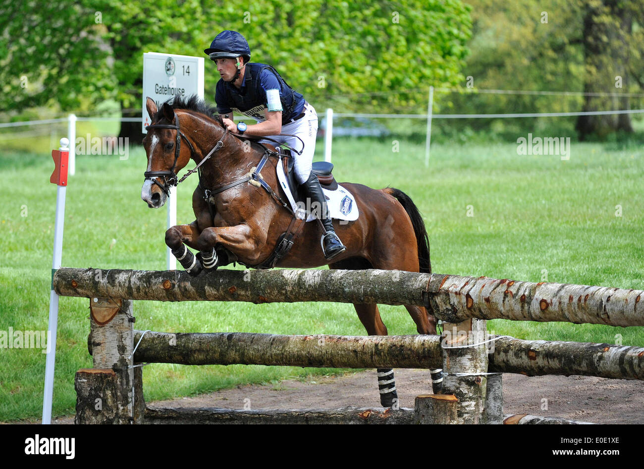 Badminton, UK, 10th May, 2014. Tim Price (NZL) riding Ringwood Sky Boy during the Cross Country phase of the Badminton Horse Trials from Badminton Park. Credit:  Julie Badrick/Alamy Live News Stock Photo
