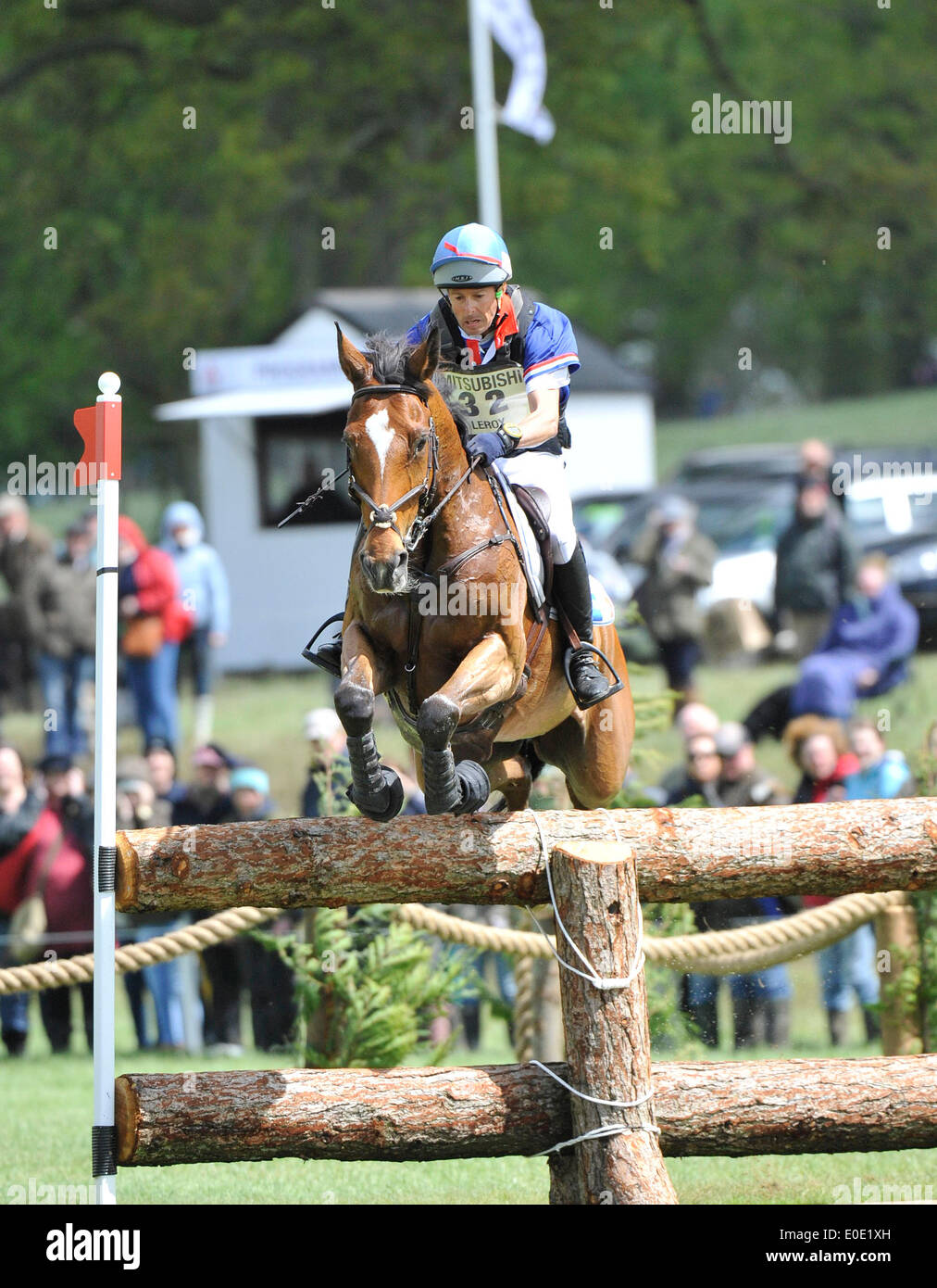 Badminton, UK, 10th May, 2014. Pascal Leroy (FRA) riding Minos De Petra during the Cross Country phase of the Badminton Horse Trials from Badminton Park. Credit:  Julie Badrick/Alamy Live News Stock Photo
