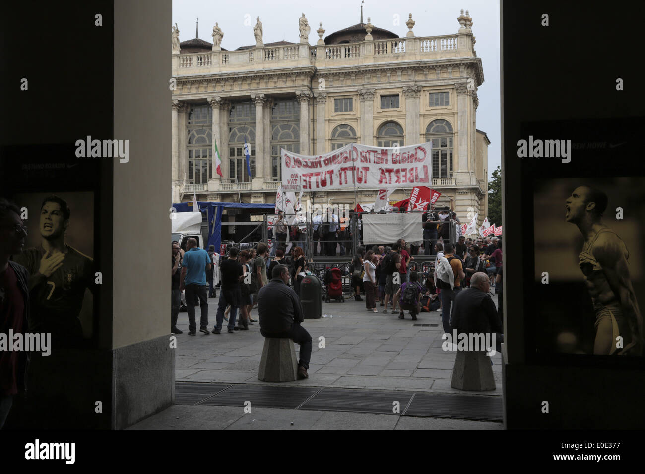 Turin, Italy. 10th May, 2014. People take part in a demonstration of the anti high-speed rail activists (No Tav, means No to high-speed train) on May 10, 2014, in Turin, Italy. Credit:  Simone Bergamaschi/NurPhoto/ZUMAPRESS.com/Alamy Live News Stock Photo