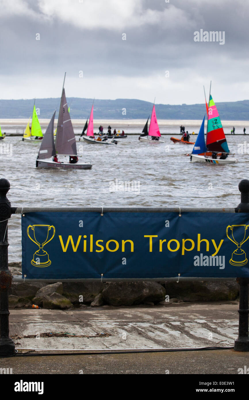 West Kirby, Liverpool. 10th May, 2014. Banner at the British Open Team Racing Championships Trophy 2014.  Sailing’s Premier League ‘The Wilson Trophy’ 200 Olympic-class sailors compete annually on Kirby’s marine amphitheatre in one of the World’s favourite events where hundreds of spectators follow 300 short, sharp frenzied races in three-boat teams jostling on the marina lake to earn the coveted title: “Wilson Trophy Champion.” Credit:  Mar Photographics/Alamy Live News Stock Photo