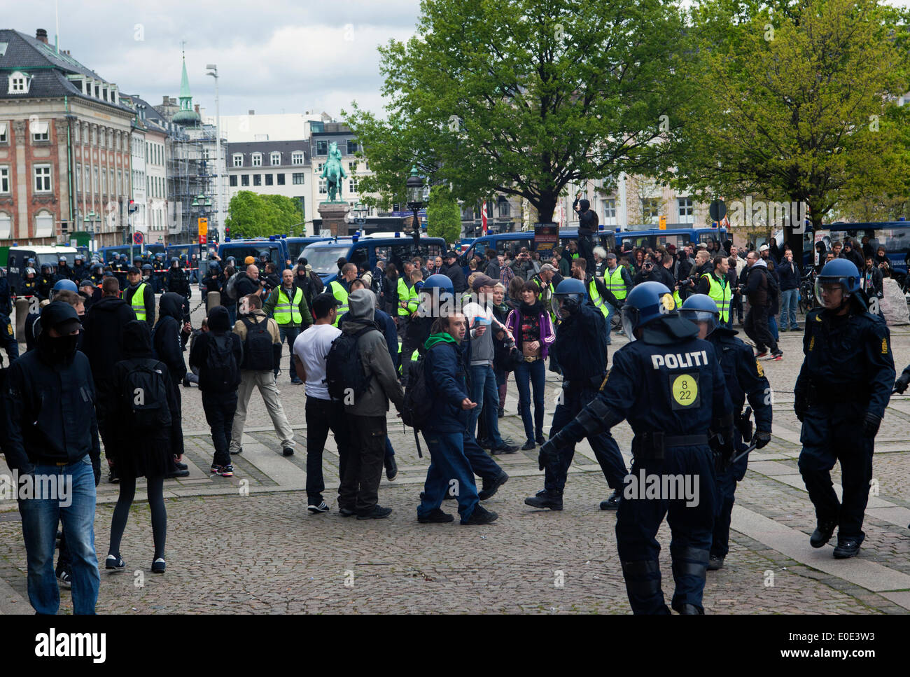 Copenhagen, Denmark. 10th May, 2014. Danish neo-Nazi party  demonstration in front of the parliament under the slogan: “No to Islamization” took place under heavy police protection and was finally interrupted by an anti fascist counter-demonstration. Eventually police cleared the square. This took place just a few hours before the Eurovision Song Contest final. Credit:  OJPHOTOS/Alamy Live News Stock Photo