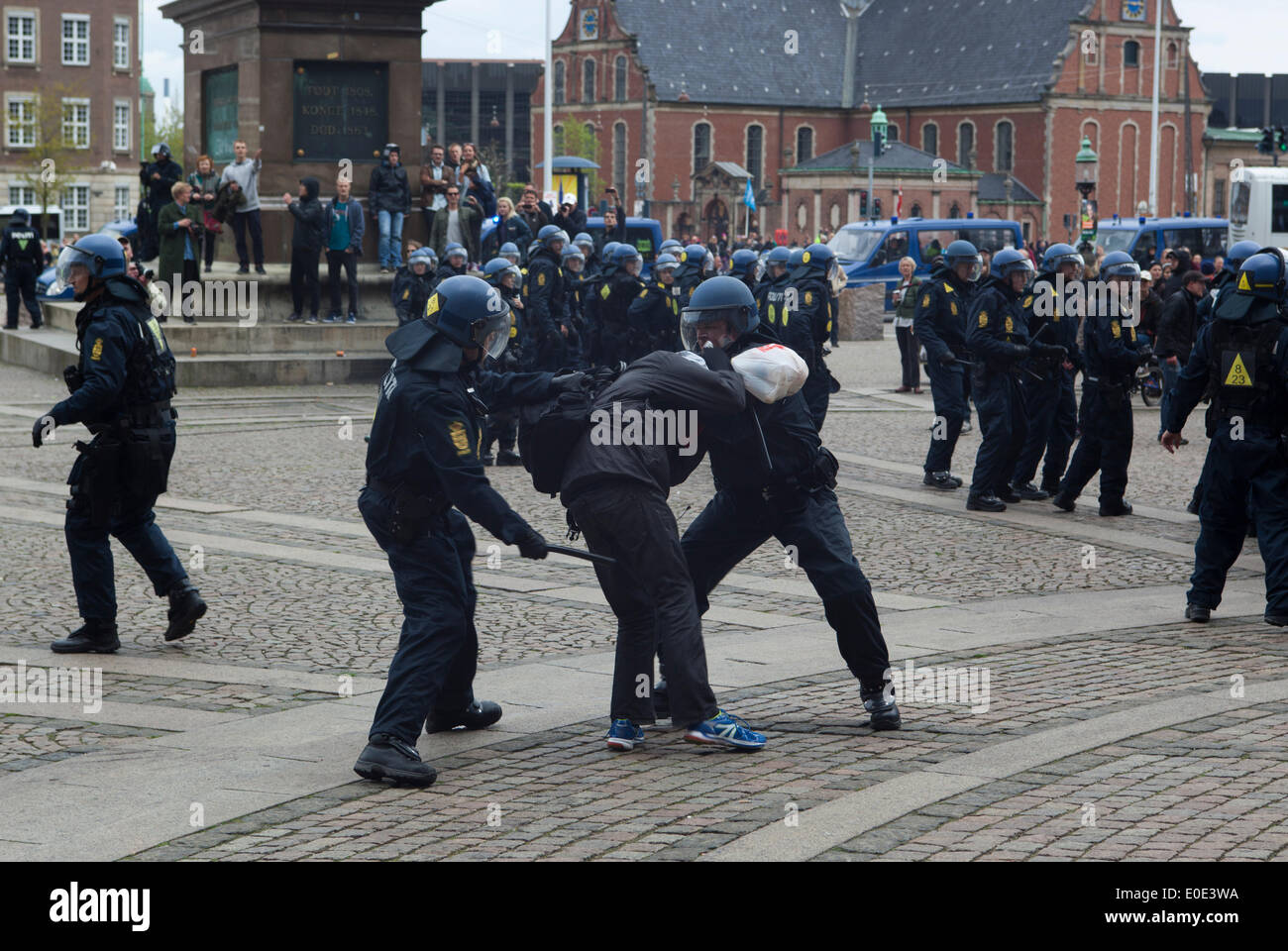 Copenhagen, Denmark. 10th May, 2014. Danish neo-Nazi party  demonstration in front of the parliament under the slogan: “No to Islamization” took place under heavy police protection and was finally interrupted by an anti fascist counter-demonstration. Eventually police cleared the square. This took place just a few hours before the Eurovision Song Contest final. Credit:  OJPHOTOS/Alamy Live News Stock Photo