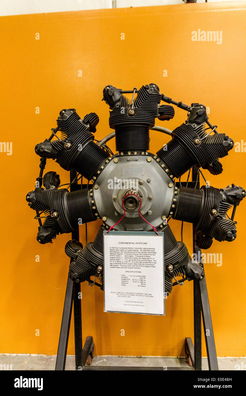 A Continental w-670-240 7 cylinder airplane engine used on the Stearman PT-17 at the March field air museum in Riverside Califor Stock Photo