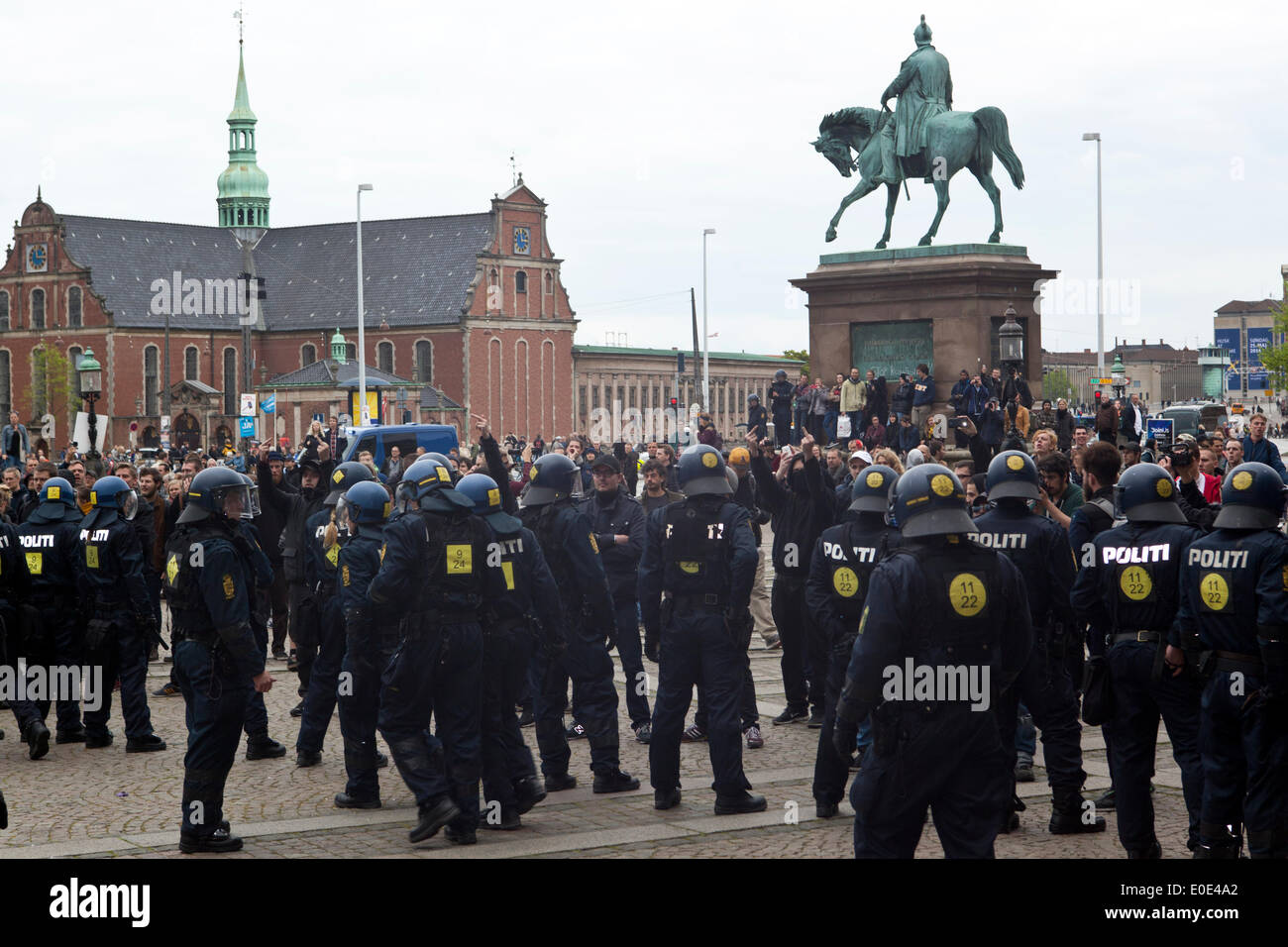Copenhagen, Denmark, 10th May, 2014. Danish neo-Nazi party (Denmark Nationale Front, DNF) demonstration in front of the parliament under the slogan: “No to Islamization” took place under heavy police protection and was finally interrupted by an anti fascist counter-demonstration. Eventually police cleared the square. This took place just a few hours before the Eurovision Song Contest final. Credit:  OJPHOTOS/Alamy Live News Stock Photo