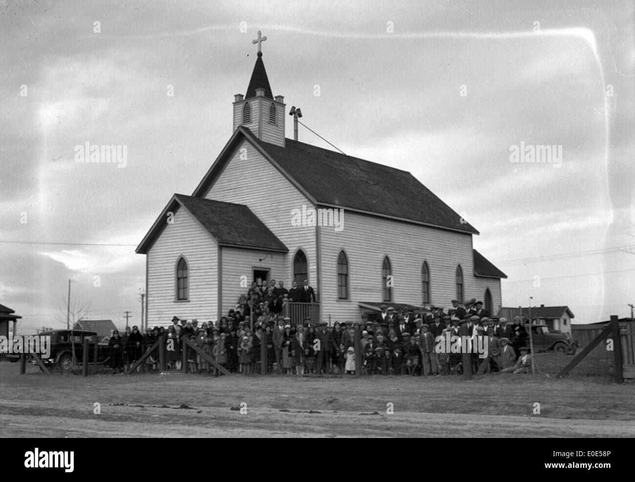A photograph of Our Lady of Lourdes Roman Catholic Church in Hardieville, Alberta. This image reflects the religious and cultural diversity in the region, with a focus on immigrant communities. Stock Photo
