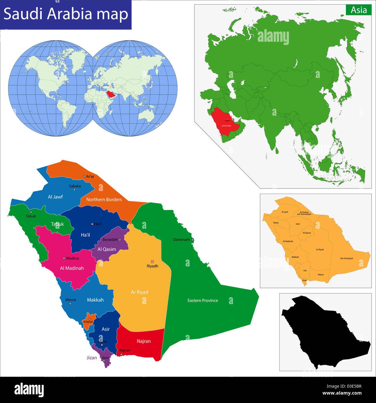 Map of the Kingdom of Saudi Arabia drawn with high detail and accuracy Stock Photo