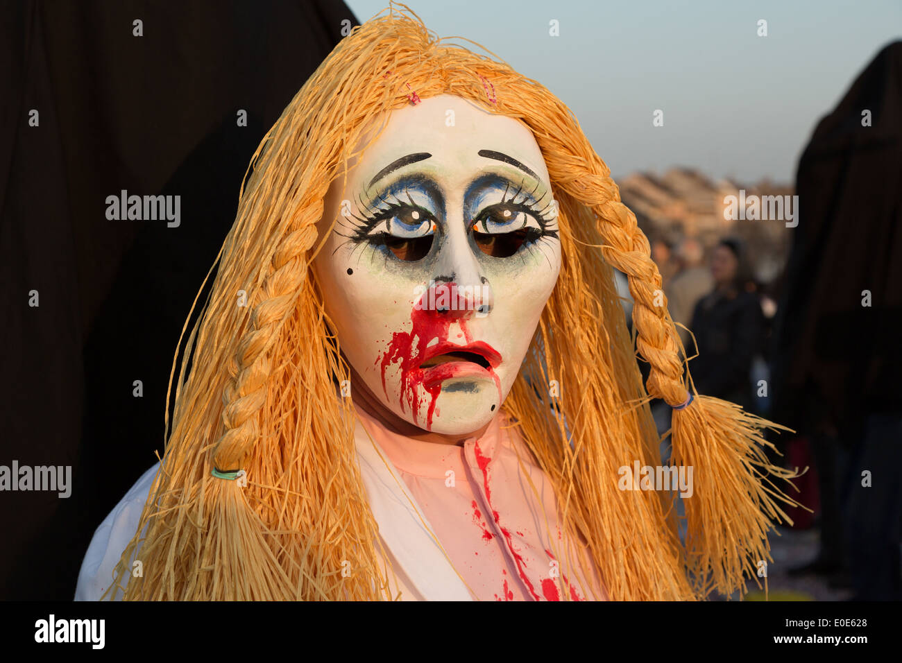 A photograph of a bloody zombie mask at a carnival in Europe. Stock Photo