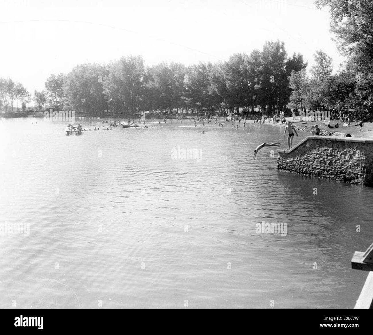 This image captures people swimming at Henderson Lake, Alberta, during Canada Day celebrations. It highlights the recreational atmosphere and local festivities surrounding the national holiday. Stock Photo