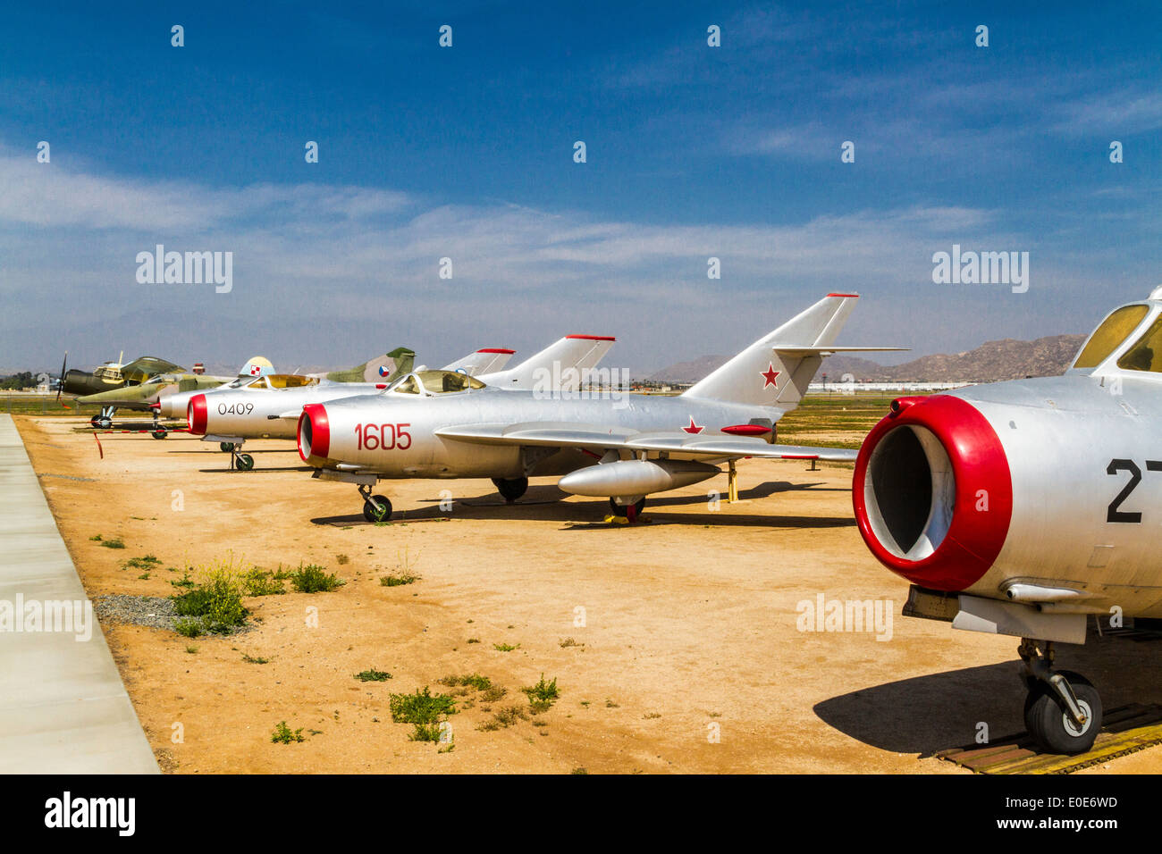 A row of Russian Mig Aircraft at the March Field Air Museum in