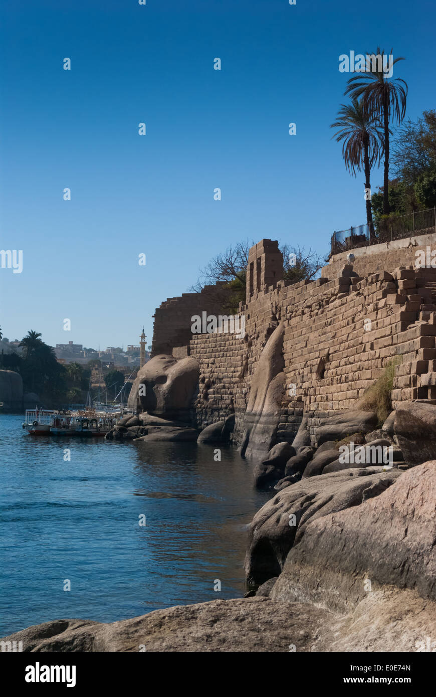Tourist boats near southern corner of Elephantine Island, near Nilometer, Aswan, Upper Egypt Stock Photo