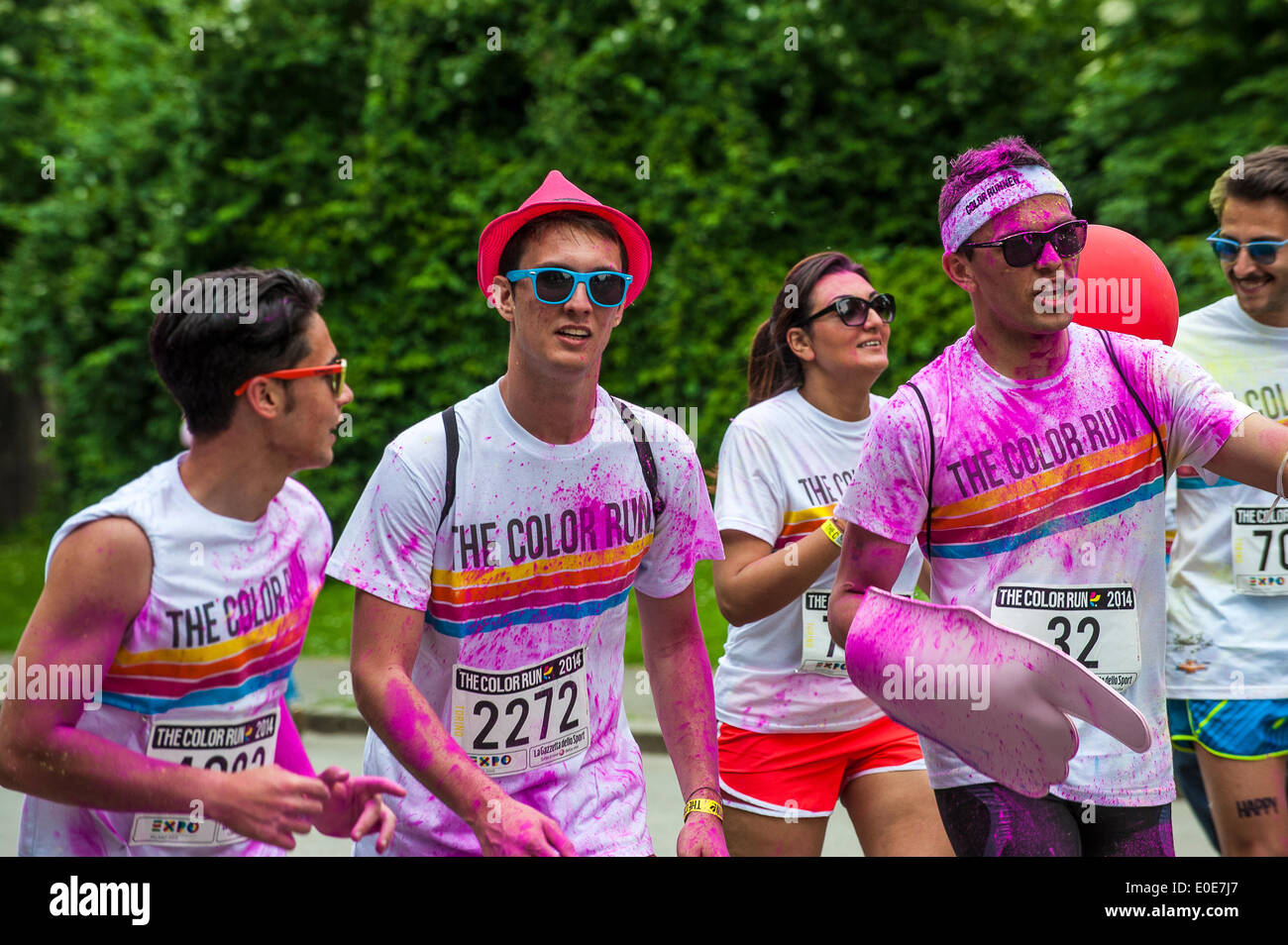 Italy Piedmont Turin Valentino Park The Color Run.  Race 3 miles where wins who arrives at the finish line, not first, but the more colorful.During the race, participants are sprayed in 5 different locations, 5 colors, a different one to location Stock Photo