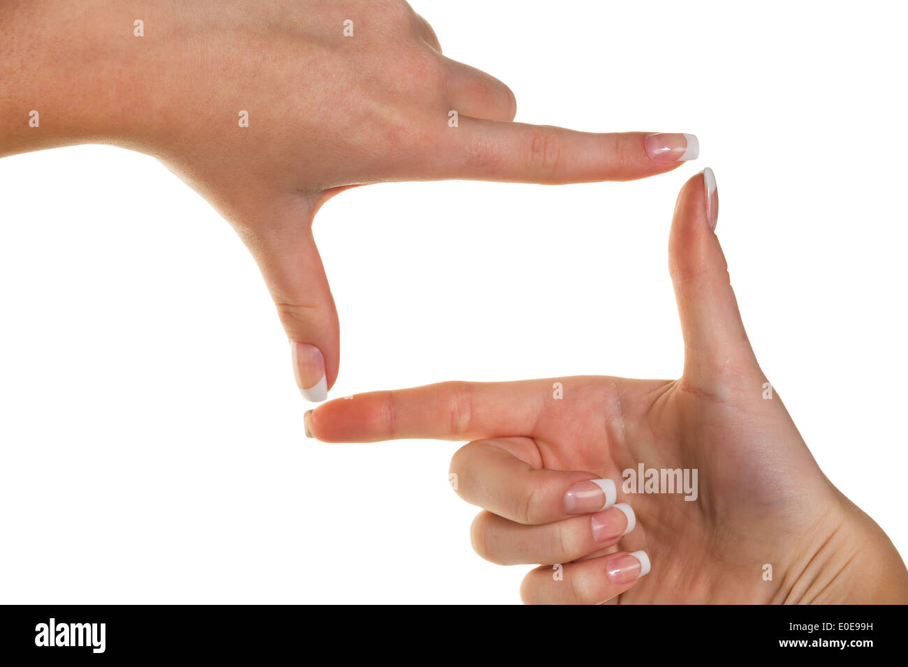 Hands make a frame with the fingers. Symbolic photo for narrow-mindedness and view, Haende machen mit den Fingern einen Rahmen. Stock Photo