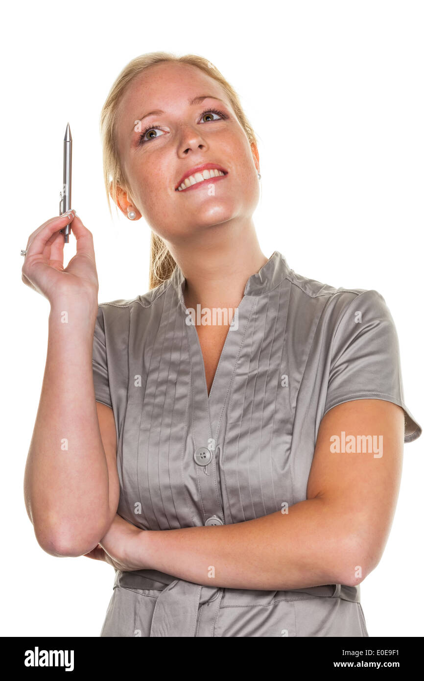 A young pensive businesswoman has found her business idea Stock Photo