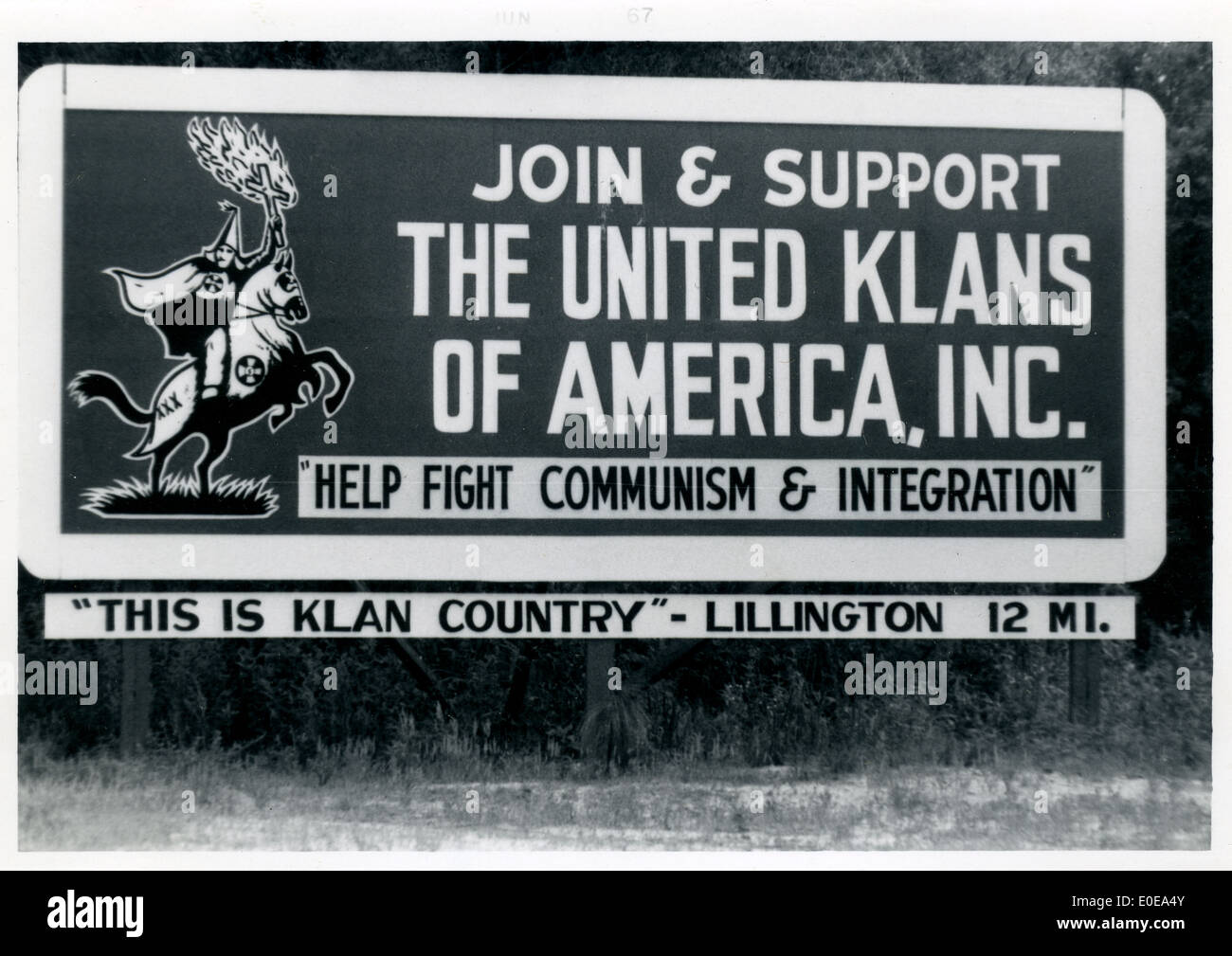 KKK billboard near Lillington, North Carolina in 1966. Stock Photo