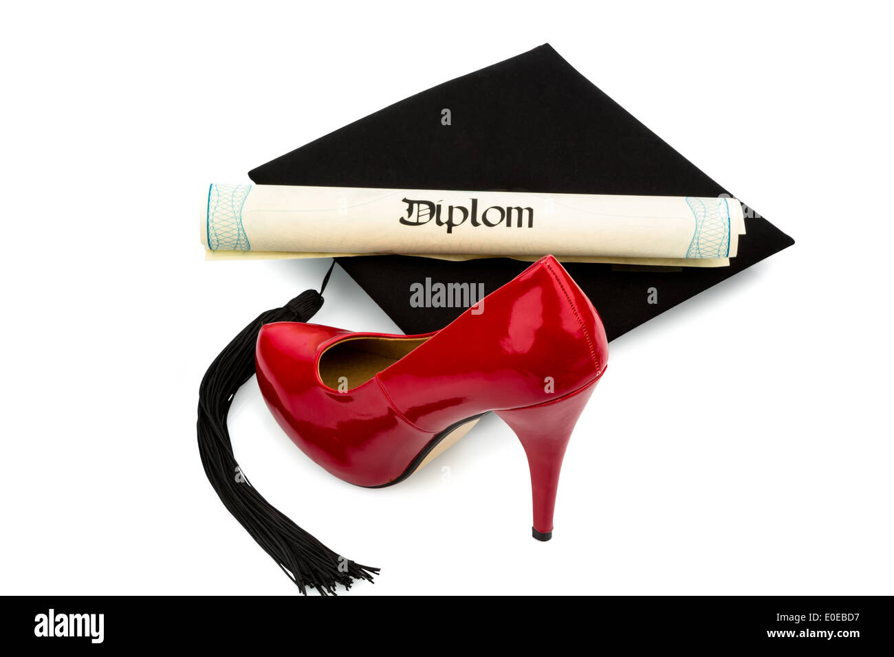 A red ladies' shoe, a certificate and a doctoral cap, symbolic photo for education, equal rights and women's power, Ein roter Da Stock Photo