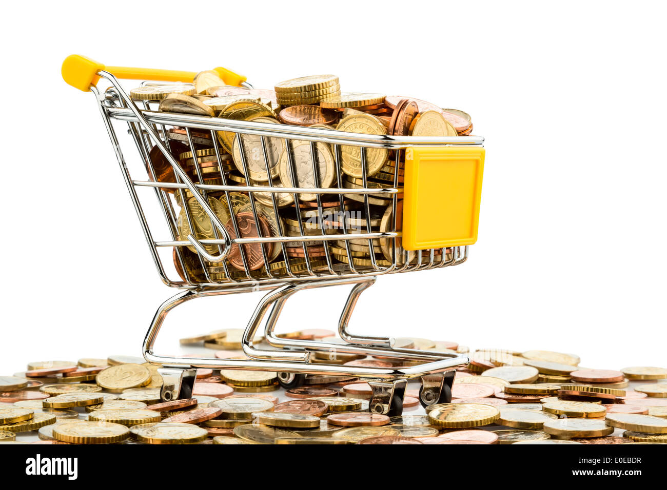 A shopping cart is well filled with eurocoins, symbolic photo for buying power and consumption, Ein Einkaufswagen ist mit Euromu Stock Photo