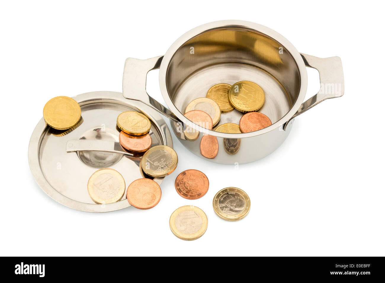 A saucepan with few eurocoins, symbolic photo for state debts and financial crisis, Ein Kochtopf mit wenigen Euromuenzen, Symbol Stock Photo