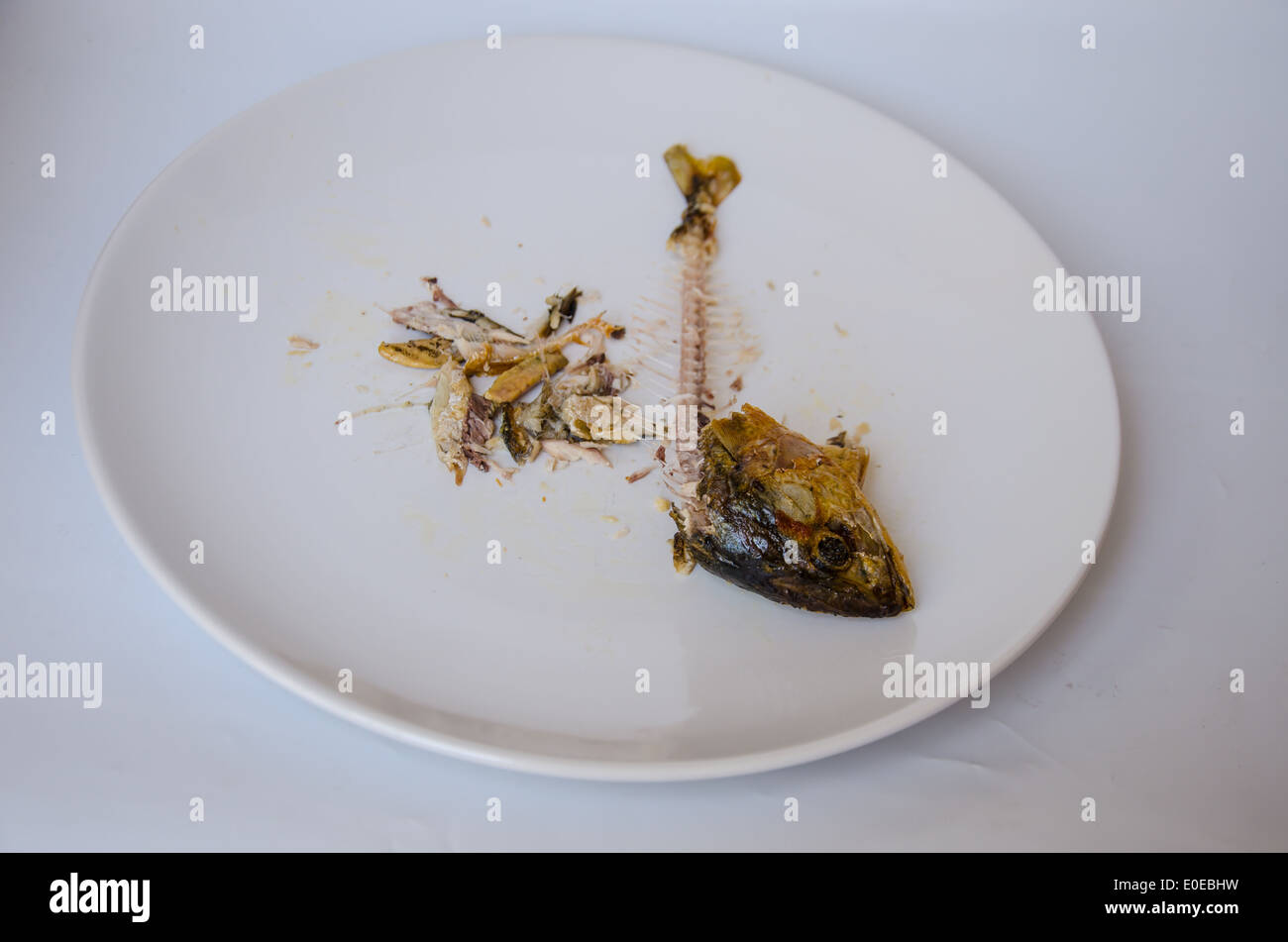 fish bone on dish from eating over Stock Photo