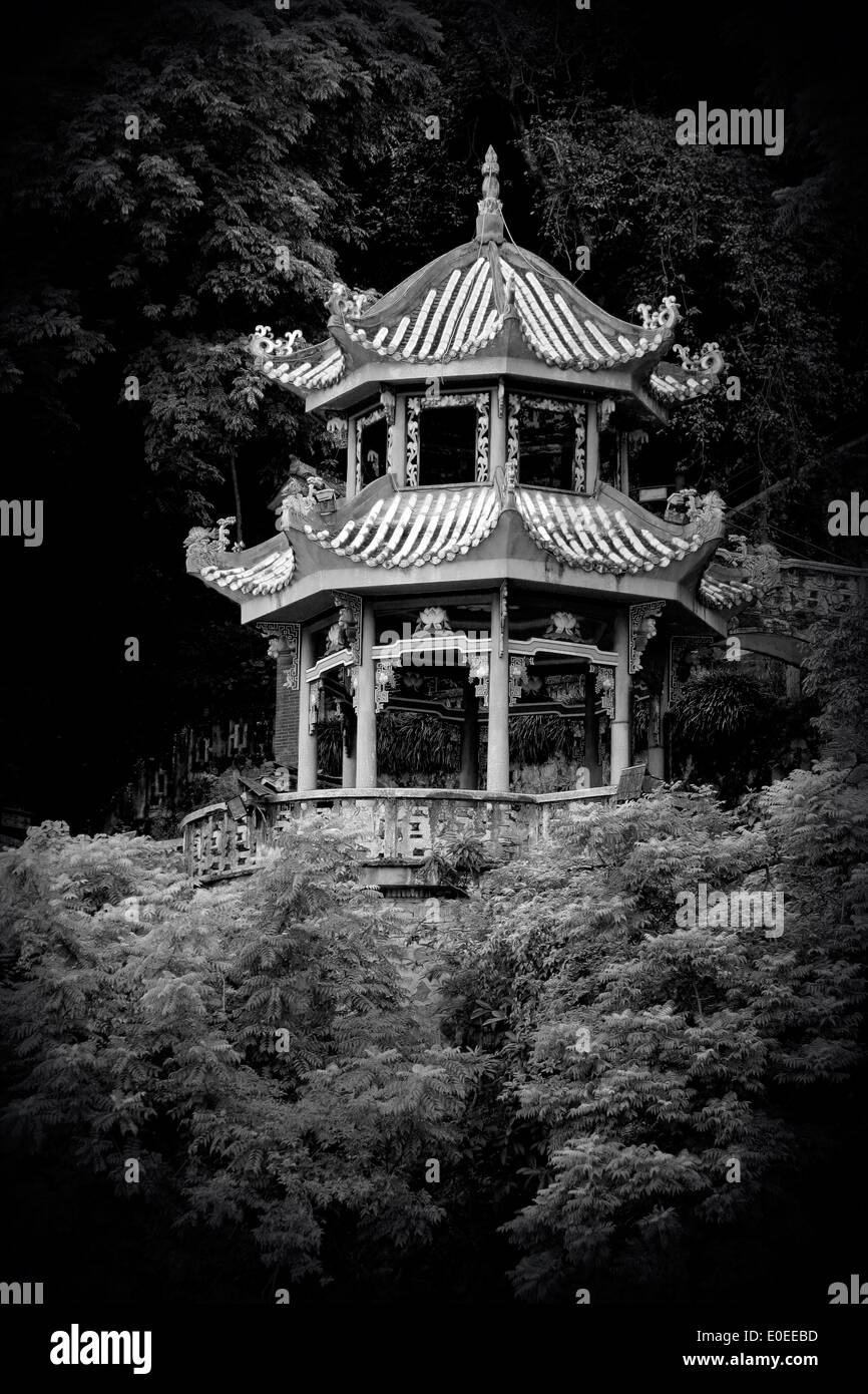 Monochrome image of a Chinese pagoda in a garden Stock Photo