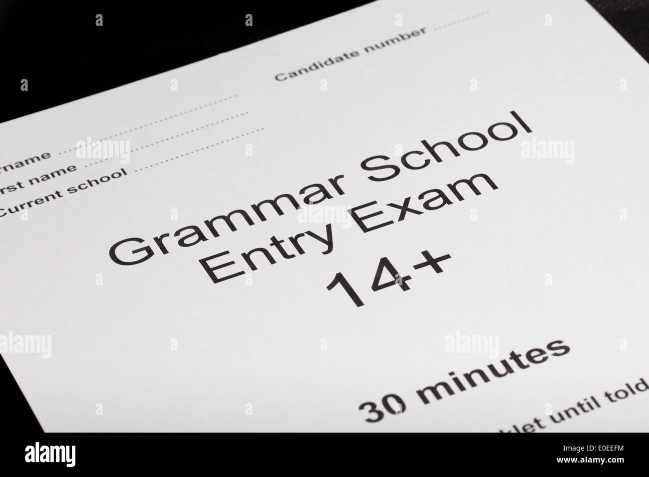 Entrance exam paper for an exam Stock Photo