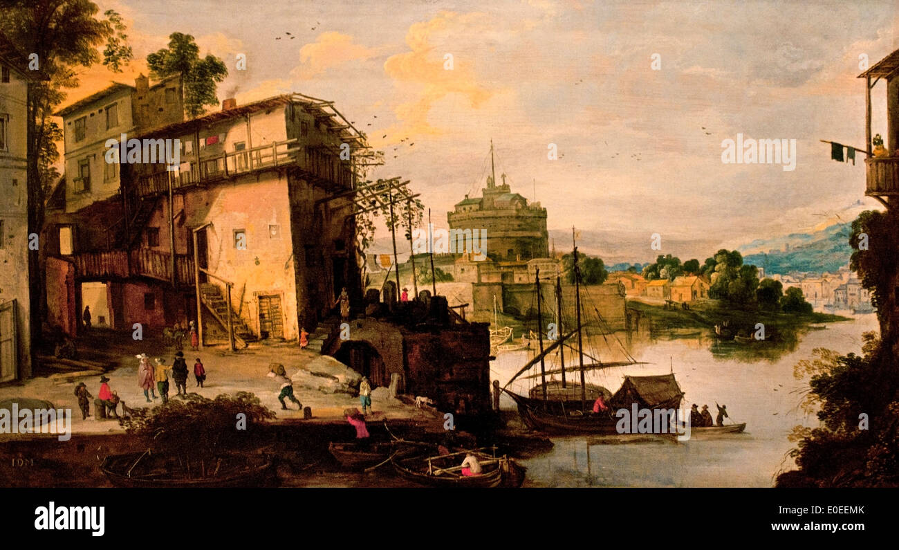 View of a River Port with Castel Sant'Angelo Rome Master of the Monogram IDM 1564-1635  (Circle de Joss de Momper) Flemish Stock Photo