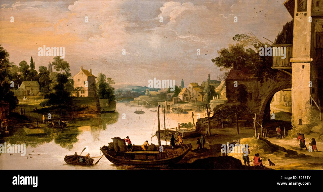 View of a Village beside a River by  Master of the Monogram IDM 1564-1635  (Circle de Joss de Momper) Flemish Belgian Belgium Stock Photo