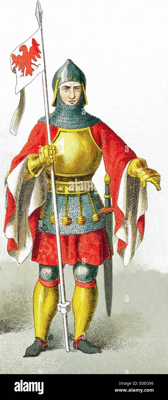The figure pictured here represents a German knight from A.D. 1400-1450. The illustration dates to 1882. Stock Photo
