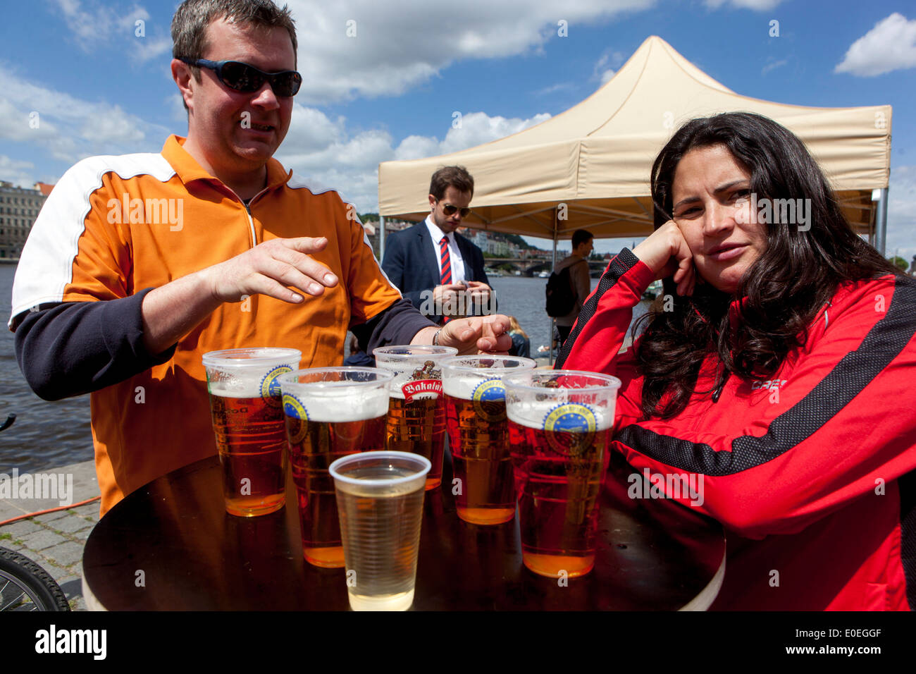 Tourists at the kiosk with beers in plastic cups, Prague Czech Republic Stock Photo