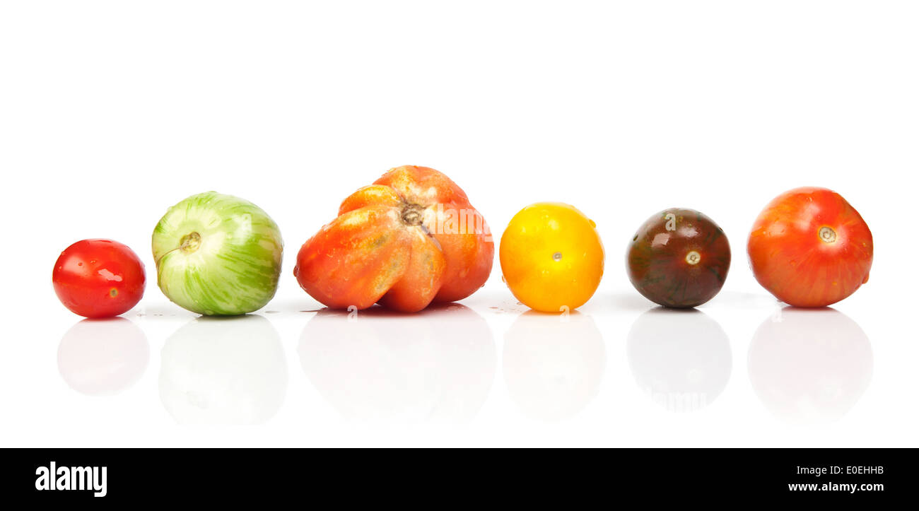 wet tomatoes in a row isolated over white Stock Photo - Alamy