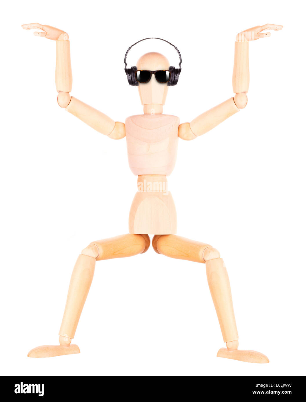 wooden Dummy with Headphones Isolated Over White Background Stock Photo