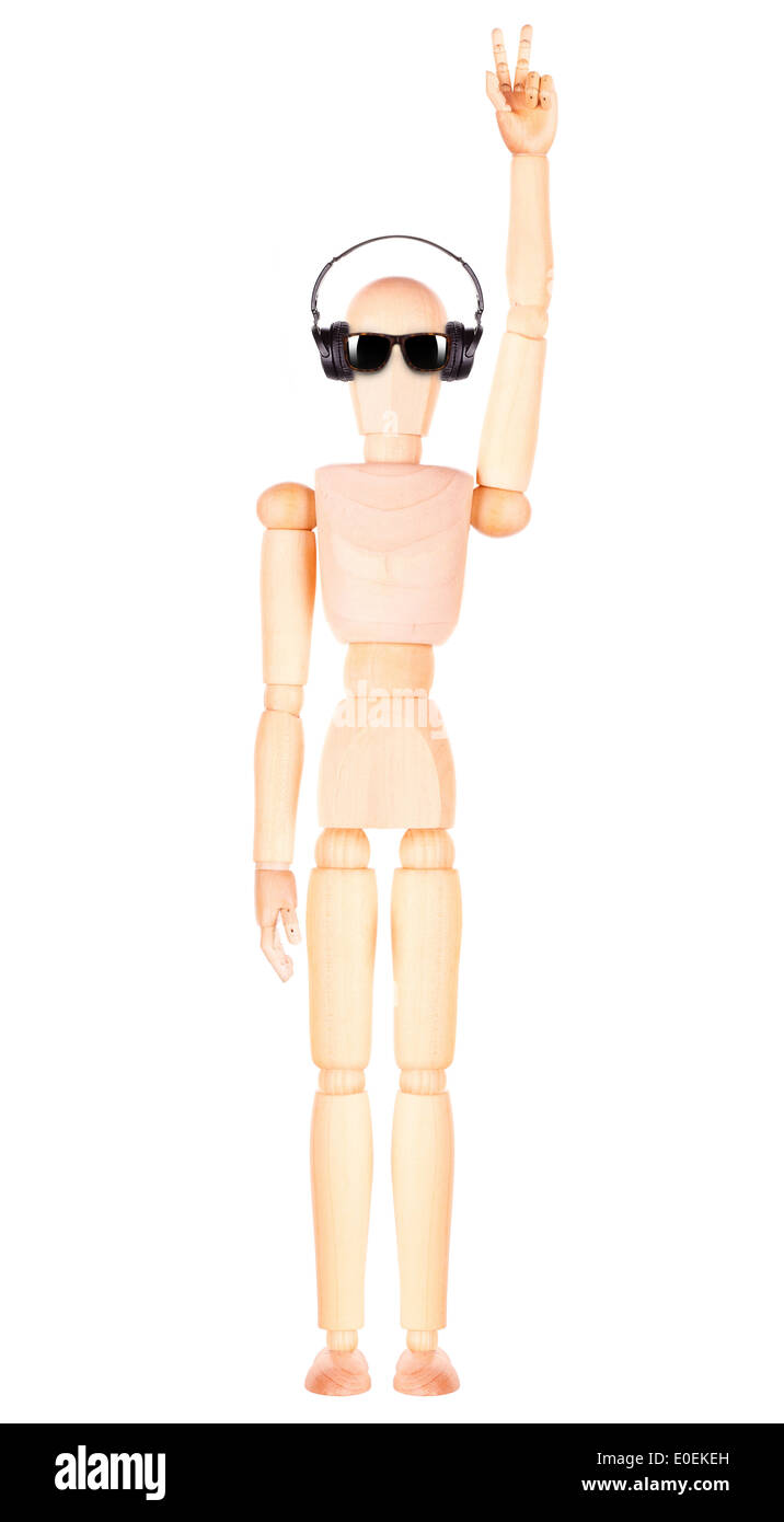 wooden Dummy with Headphones Isolated Over White Background Stock Photo