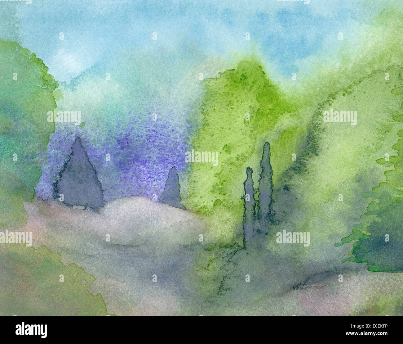 Hazy and atmospheric summer scenery with junipers. Watercolor painting landscape with junipers. Stock Photo