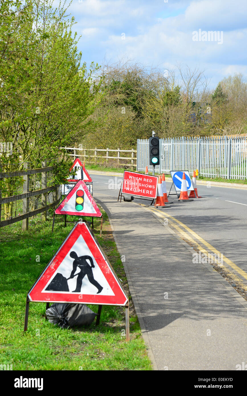 Traffic lights at roadworks, Stanwell Moor, Surrey, England, United