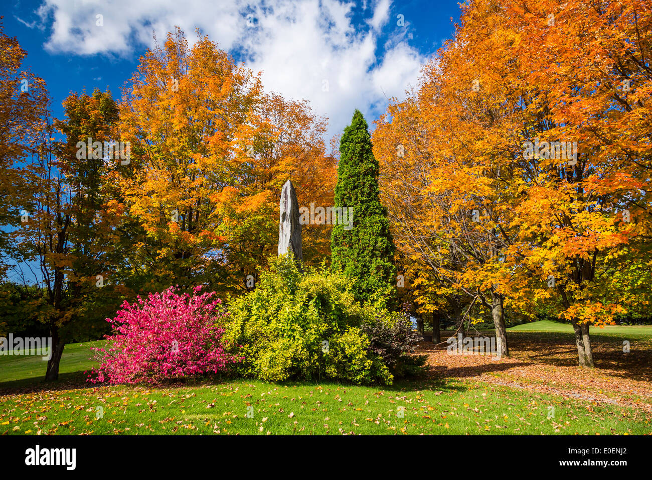 Brilliant fall foliage color in the Eastern Townships of Quebec, Canada. Stock Photo