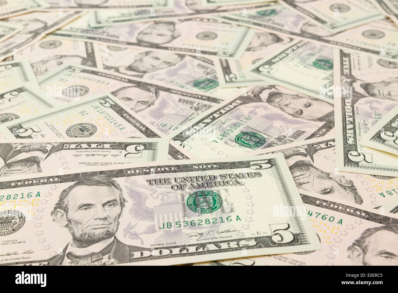 Seamlessly tileable and repeatable 5 dollar bills, US Currency Stock