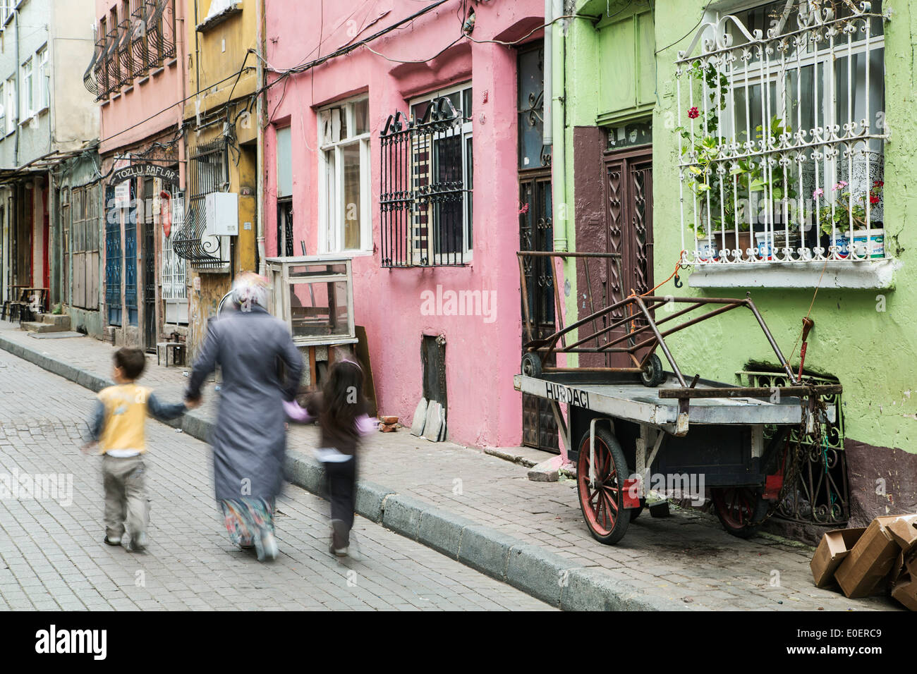 Woman and children, Balat and Fener historic neighborhoods area, Istanbul, Turkey Stock Photo