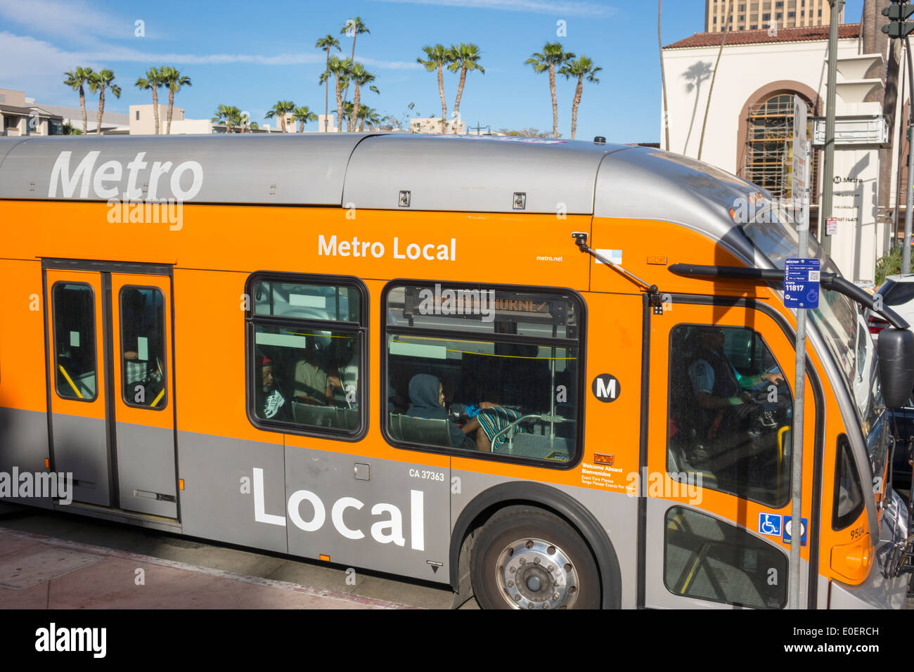 Los Angeles California,LA County Metro bus,coach,MTA,bus,coach,mass transit,Metro Local,vehicle,NABI bus,coach,model 60-BRT,passenger passengers rider Stock Photo