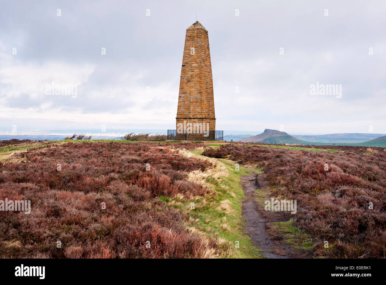 Captain Cook's Monument, Easby Moor, North York Moors National Park, UK, with Roseberry Topping in the distance. Stock Photo