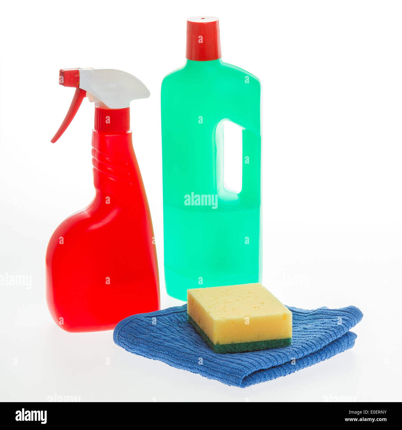House cleaning product. Plastic bottles with detergent and sponge isolated on white background Stock Photo