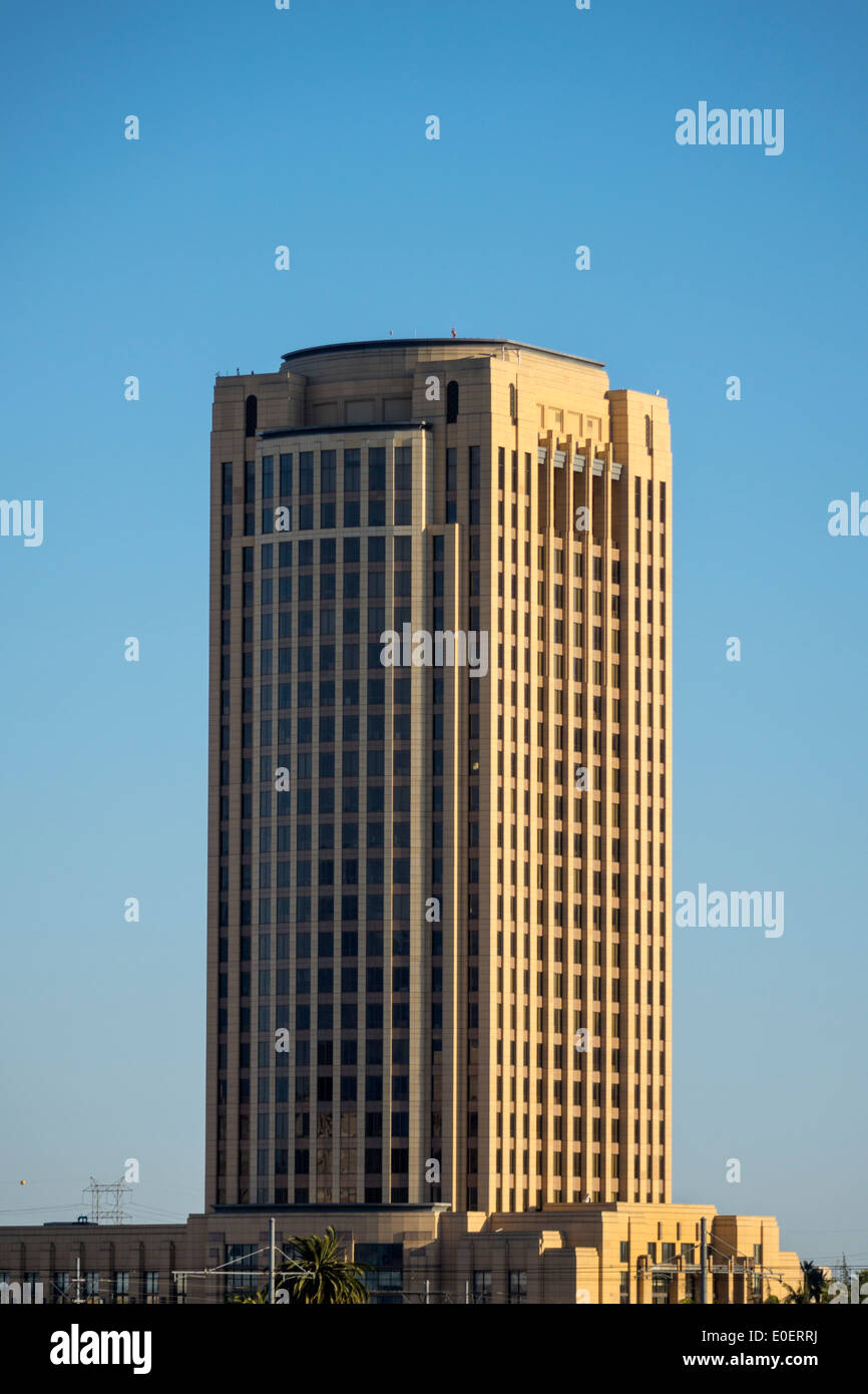 Los Angeles California,downtown,Patsaouras Transit Plaza,One Gateway Plaza,MTA building,government building,skyscraper,vertical lines,CA140330077 Stock Photo