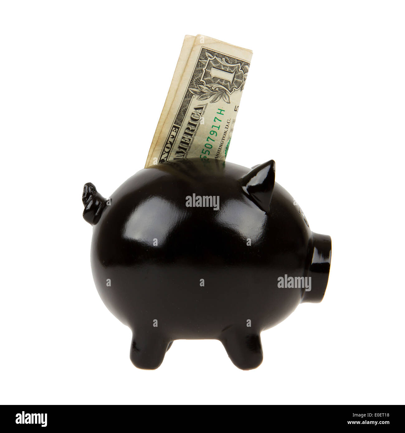 Black piggy bank with one dollar on white background Stock Photo - Alamy