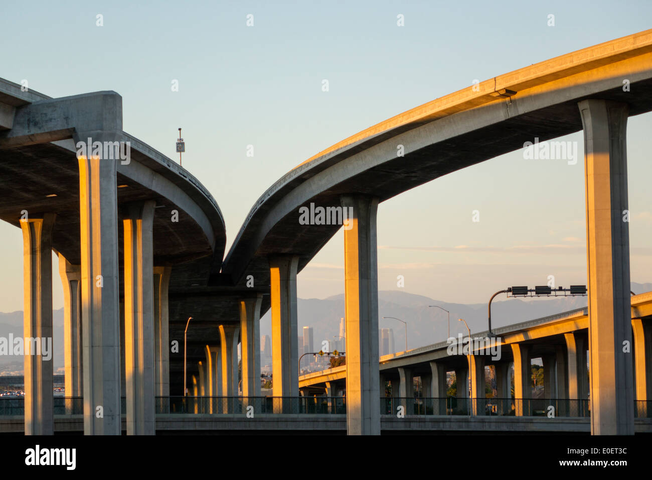 Los Angeles California,Interstate 110 105,I-110 I-105,Harbor Freeway,highway,overpass,freeway,motorway,interchange,junction,elevated roadway,curve,sup Stock Photo