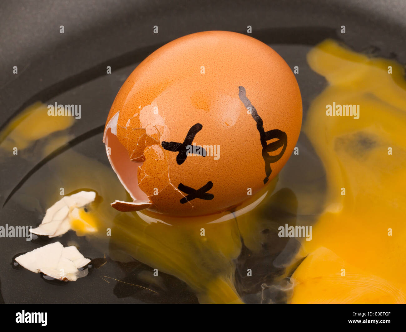 Cracked egg (dead) in a pan, isolated Stock Photo Alamy